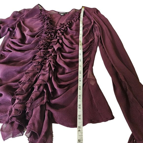 DKNY Women's Purple Silk Ruffle V Neck Pheasant Boho vibe Top Blouse size 10 - Picture 12 of 12